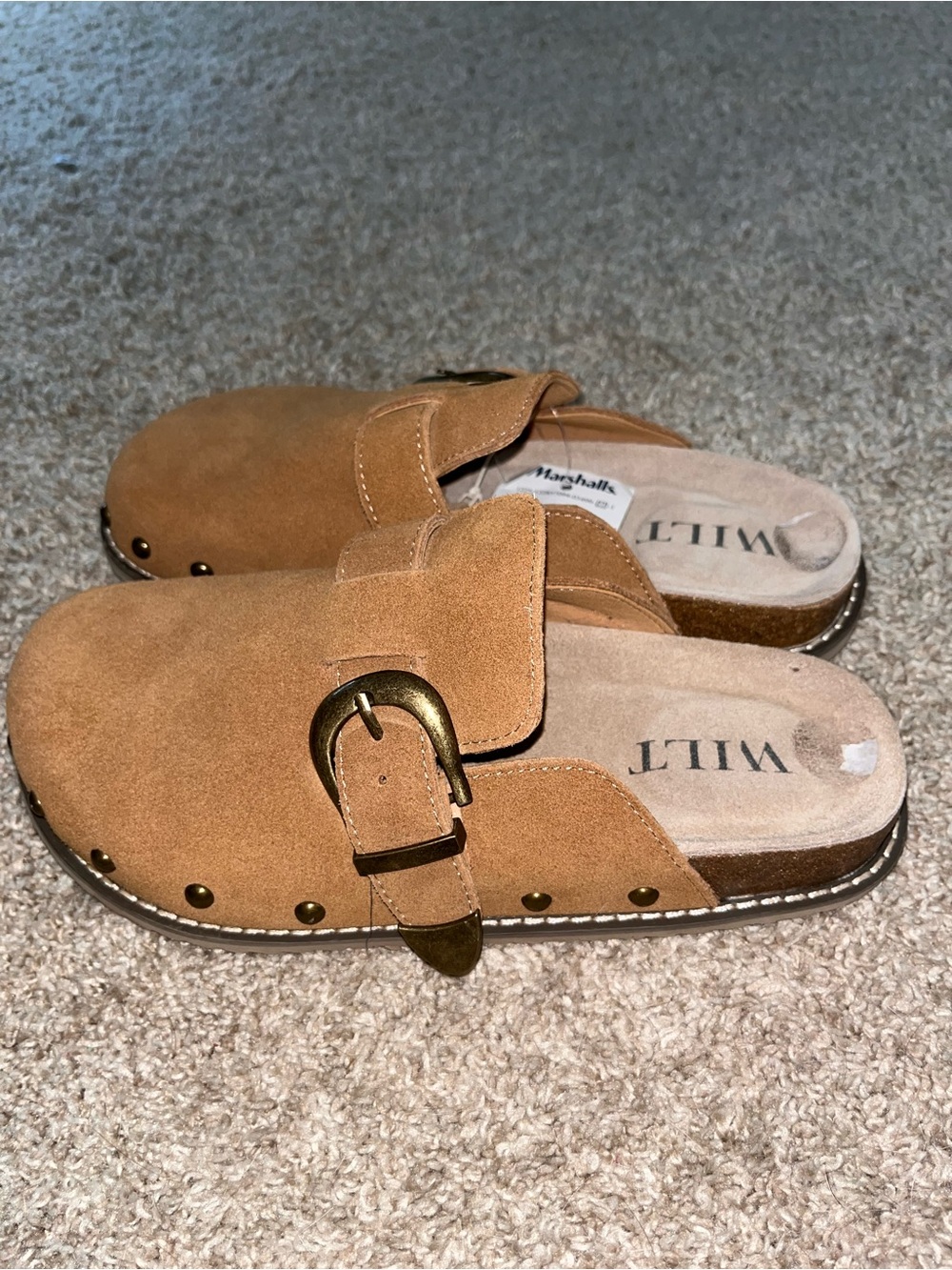 Wilt Tan Suede Buckle Clog Mules with Stud Trim